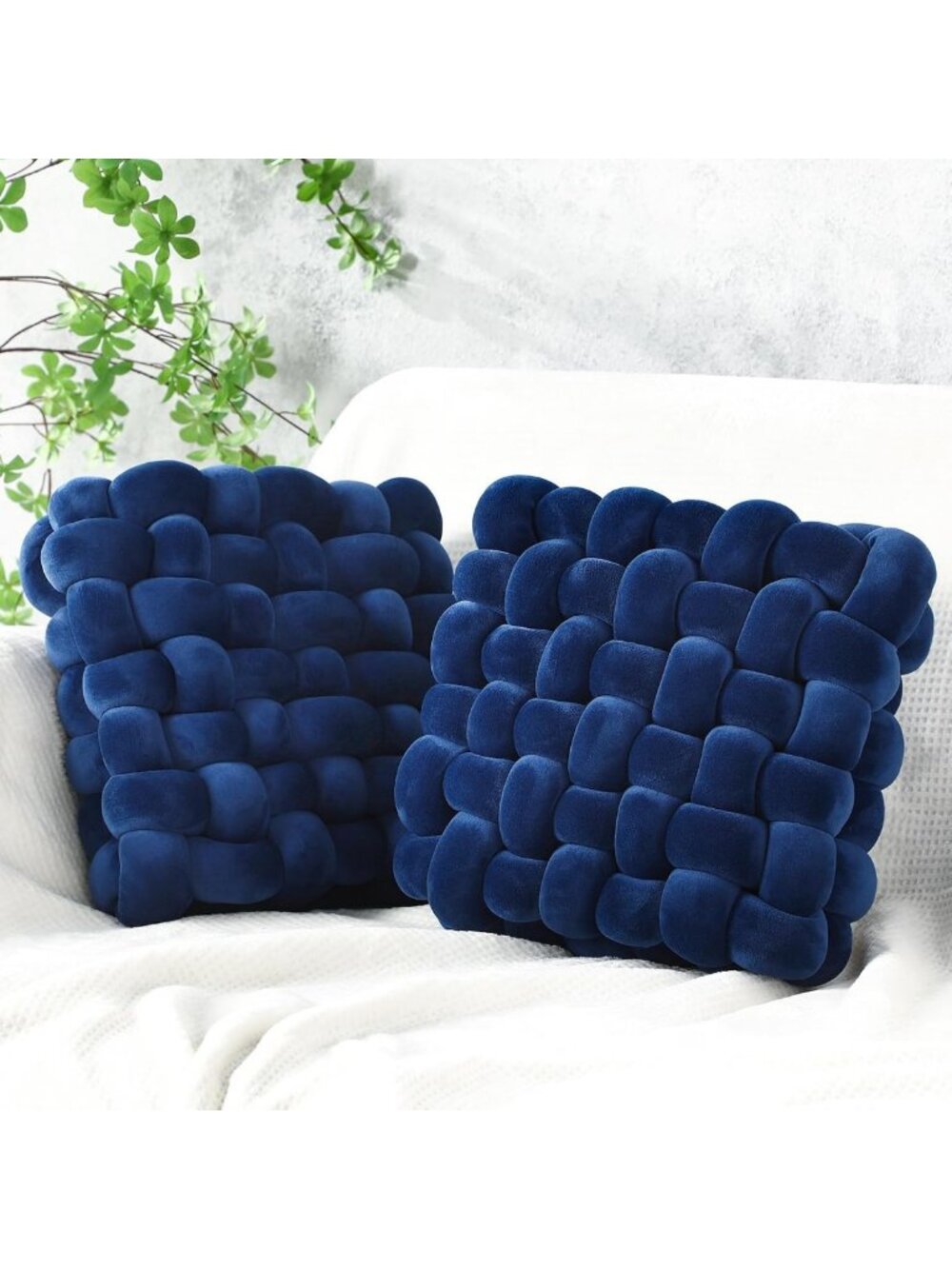 Navy Blue Crystal Velvet Knot Pillows - 2 Pack Square Throw Cushions for Home
